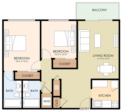 Floor plan for 2 beds, 2 baths, 985 sqft
